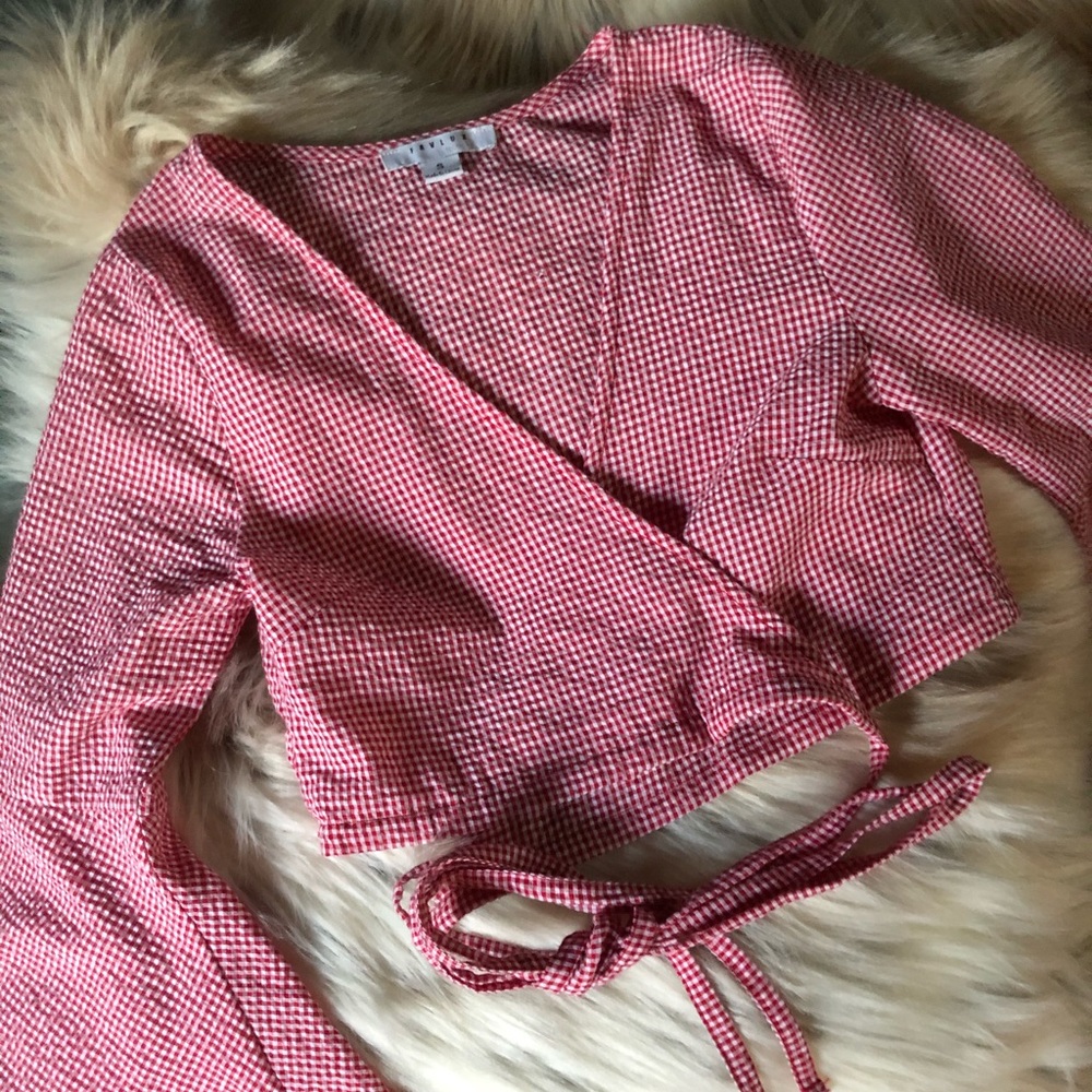 Red gingham print wrap around blouse